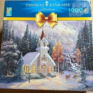 🧩 1000 piece New Factory Sealed Thomas Kinkade “Deer Creek Chapel”. Poster.